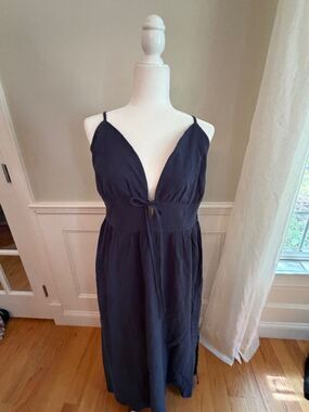 Popvil Navy Blue Midi Sundress Open Back Tie Front Dress NWT S?